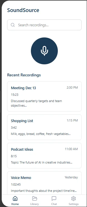 SoundSource home screen with recent recordings